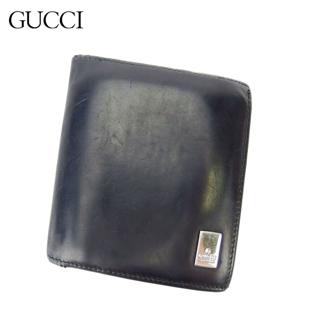 【スプリングセール30％OFF】グッチ 二つ折り 財布 ロゴプレート ブラック シルバー レザー GUCCI 【グッチ】 T17045S 【中古】