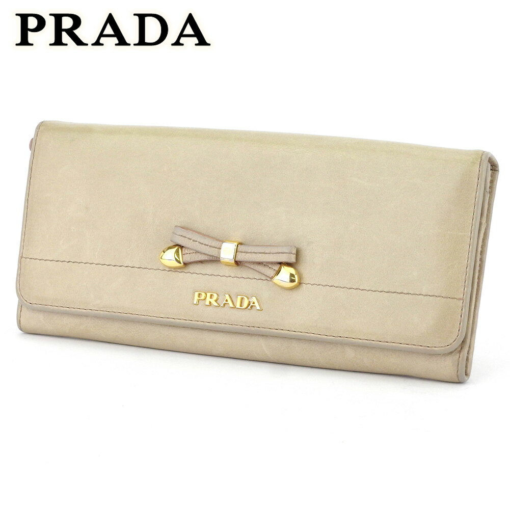 【スプリングセール30％OFF】プラダ 長財布 ファスナー付き 財布 レディース リボン ベージュ ピンク ゴールド レザー PRADA 【プラダ】 T17174S 【中古】