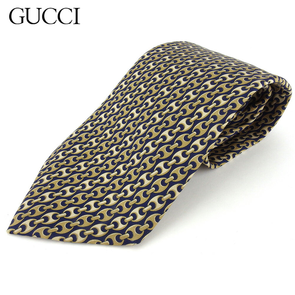 【スプリングセール30％OFF】グッチ ネクタイ レギュラータイ メンズ チェーン柄 ベージュ ネイビー シルク 絹 GUCCI 【グッチ】 L2919 【中古】