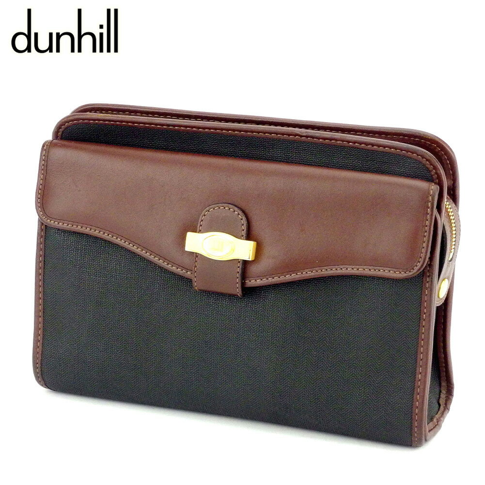 【スプリングセール30％OFF】ダンヒル クラッチバッグ セカンドバッグ ヘリンボーン ブラック ブラウン ゴールド PVC×レザー dunhill 【ダンヒル】 T17427 【中古】