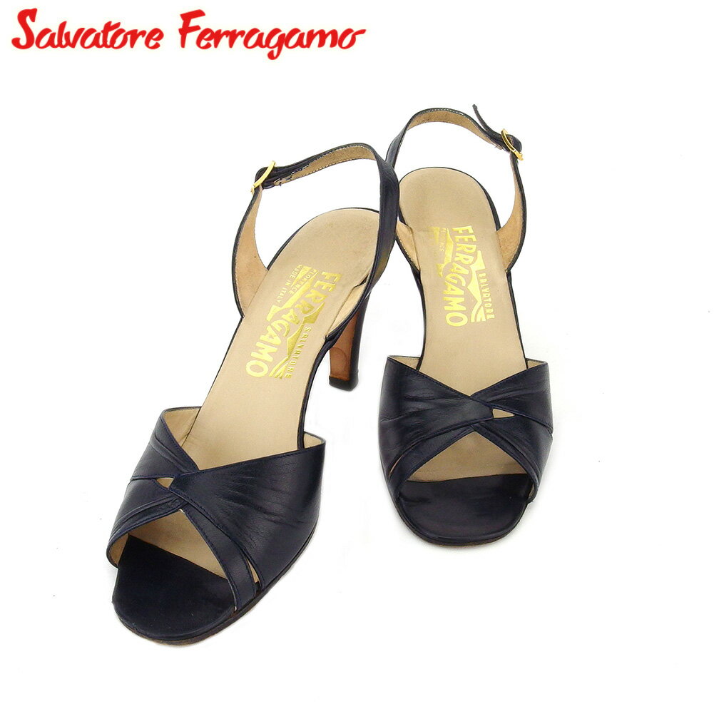 【スプリングセール30％OFF】サルヴァトーレ フェラガモ サンダル シューズ 靴 レディース #7 ネイビー レザー Salvatore Ferragamo 【フェラガモ】 T18471 【中古】