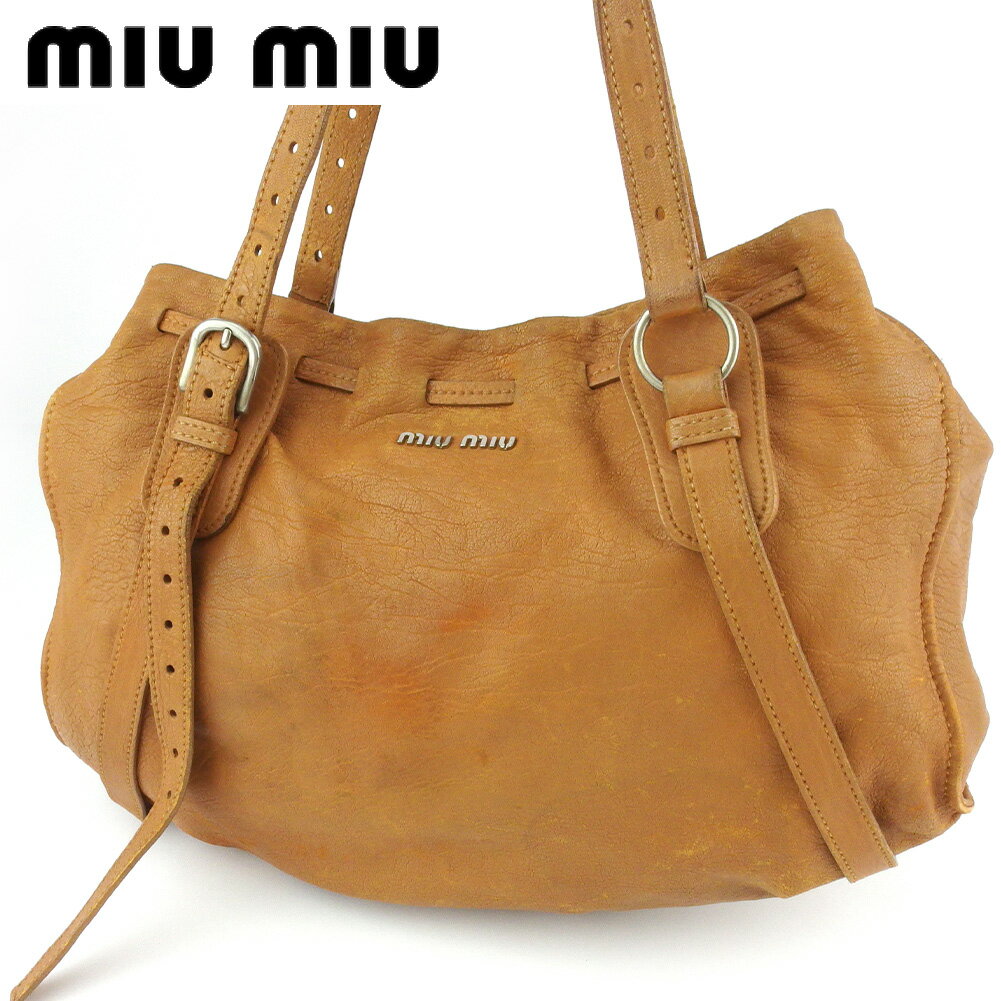 【スプリングセール30％OFF】ミュウミュウ ショルダーバッグ トートバッグ レディース ロゴ ベージュ シルバー レザー miu miu T18606S 【中古】