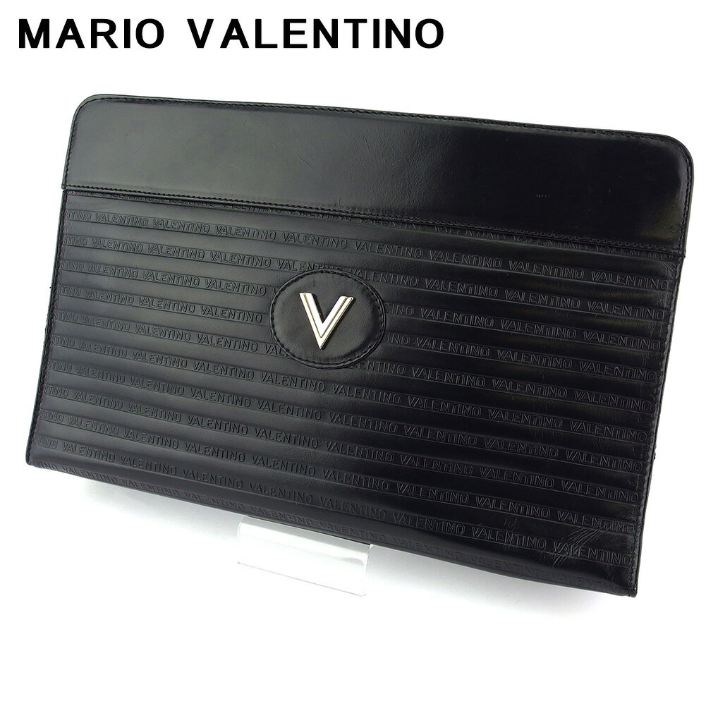 【スプリングセール30％OFF】 【中古】 マリオ ヴァレンティノ クラッチバッグ セカンドバッグ レディース メンズ Vマーク ブラック ゴールド シルバー レザー MARIO VALENTINO T18624