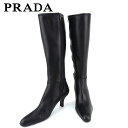 【スプリングセール】プラダ ブーツ シューズ 靴 レディース ♯37 ロゴライン入り ロングブーツ ブラック レザー PRADA T19463 【中古】
