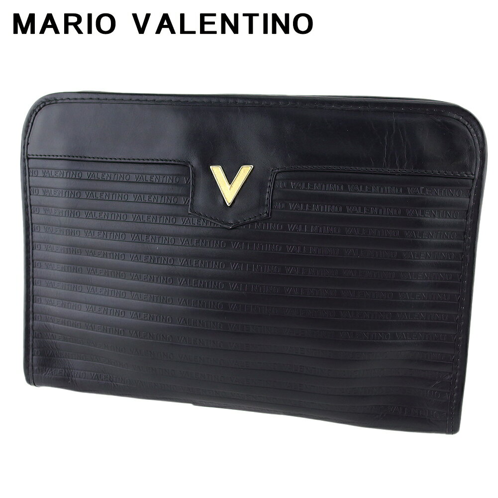 【スプリングセール30％OFF】 【中古】 マリオ ヴァレンティノ クラッチバッグ セカンドバッグ バッグ レディース メンズ Vマーク ブラック ゴールド レザー MARIO VALENTINO H810