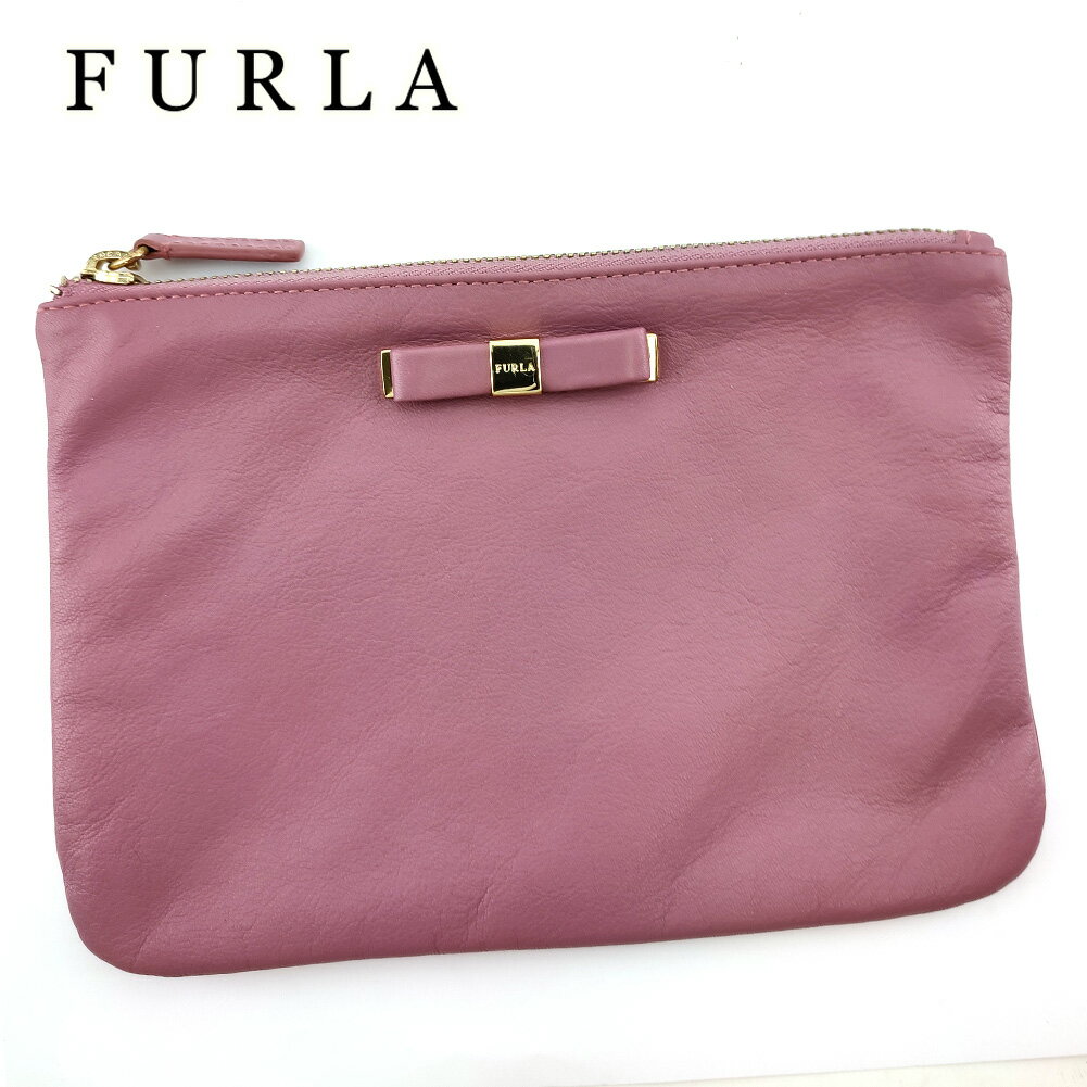 【スプリングセール30％OFF】 【中古】 フルラ ポーチ 化粧ポーチ レディース リボン パープル ゴールド レザー FURLA T20088