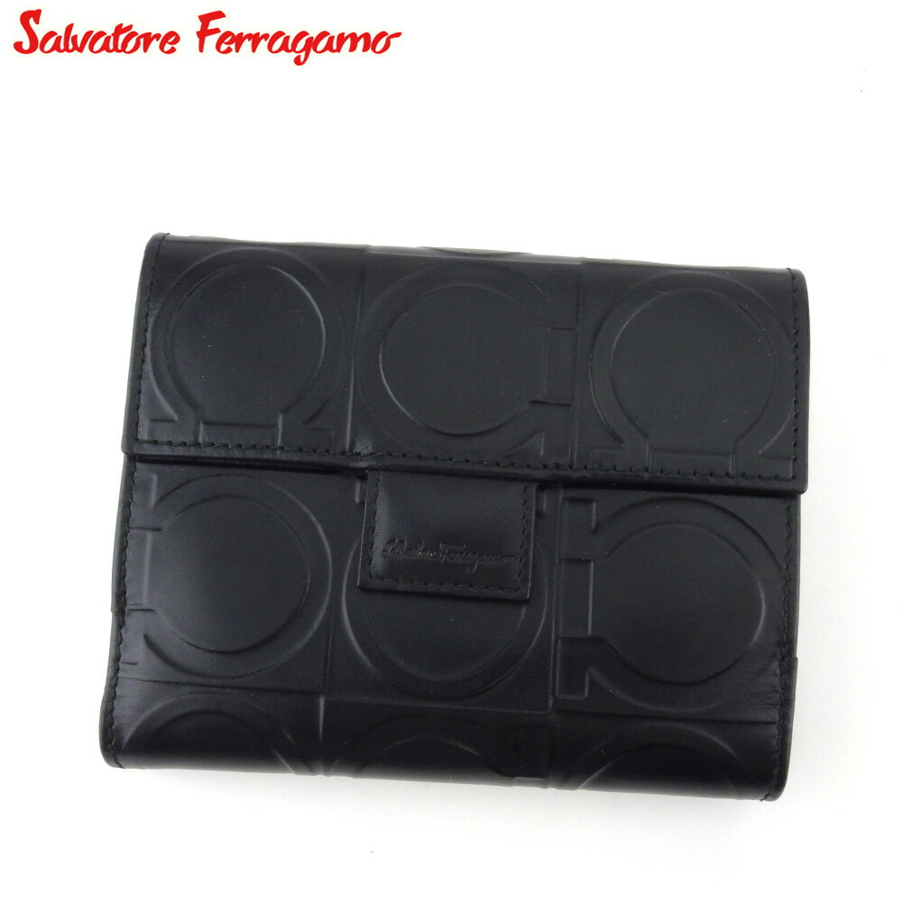 【楽天スーパーSALE40%OFF】 【中古】 サルヴァトーレ フェラガモ Wホック 財布 二つ折り ミニ財布 レディース メンズ ガンチーニ柄 ブラック レザー Salvatore Ferragamo T20327