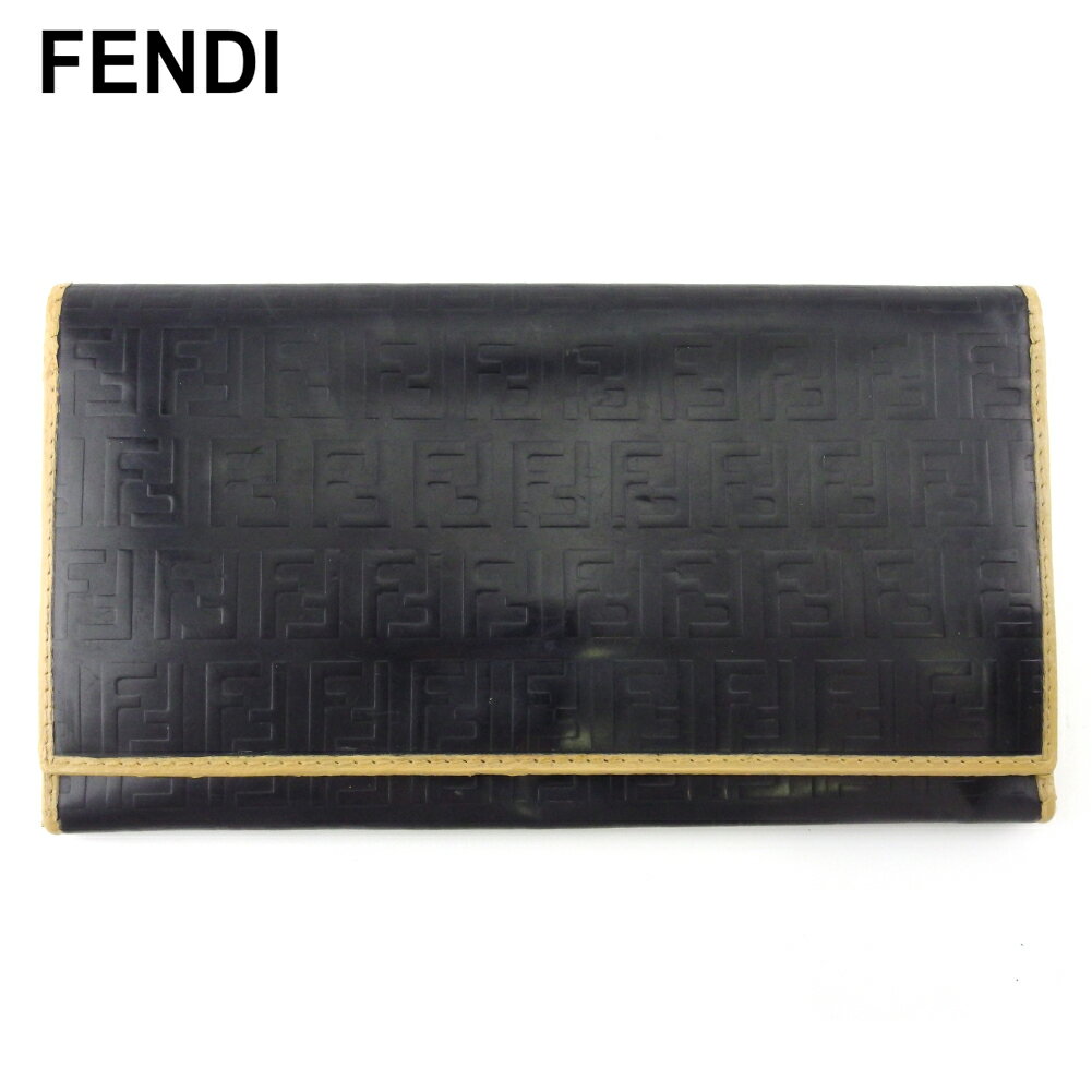 【スプリングセール】 【中古】 フェンディ 長財布 ファスナー付き 財布 レディース メンズ ズッキーノ ブラック ベージュ シルバー レザー FENDI T20352