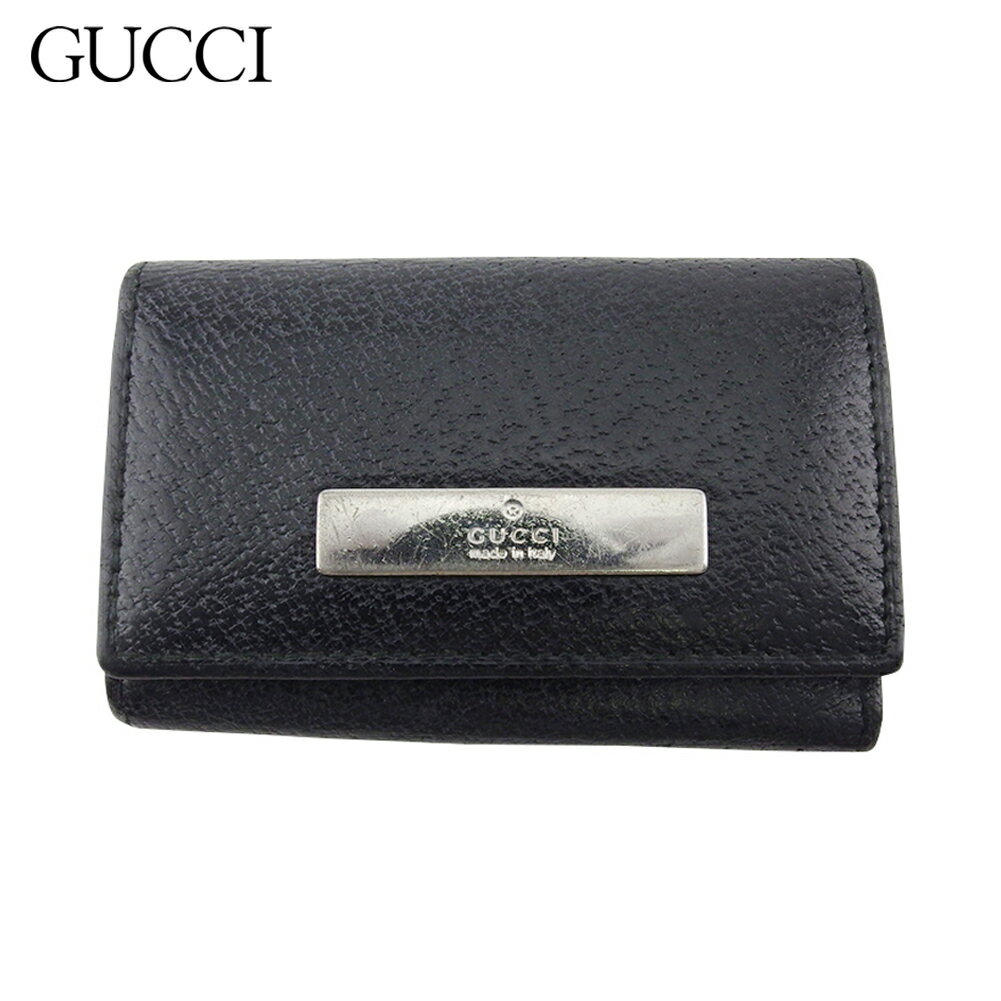 【ウィンターSALE 30%OFF】【中古】 グッチ キーケース レディース メンズ ロゴプレート ブラック シルバー レザー GUCCI T20492