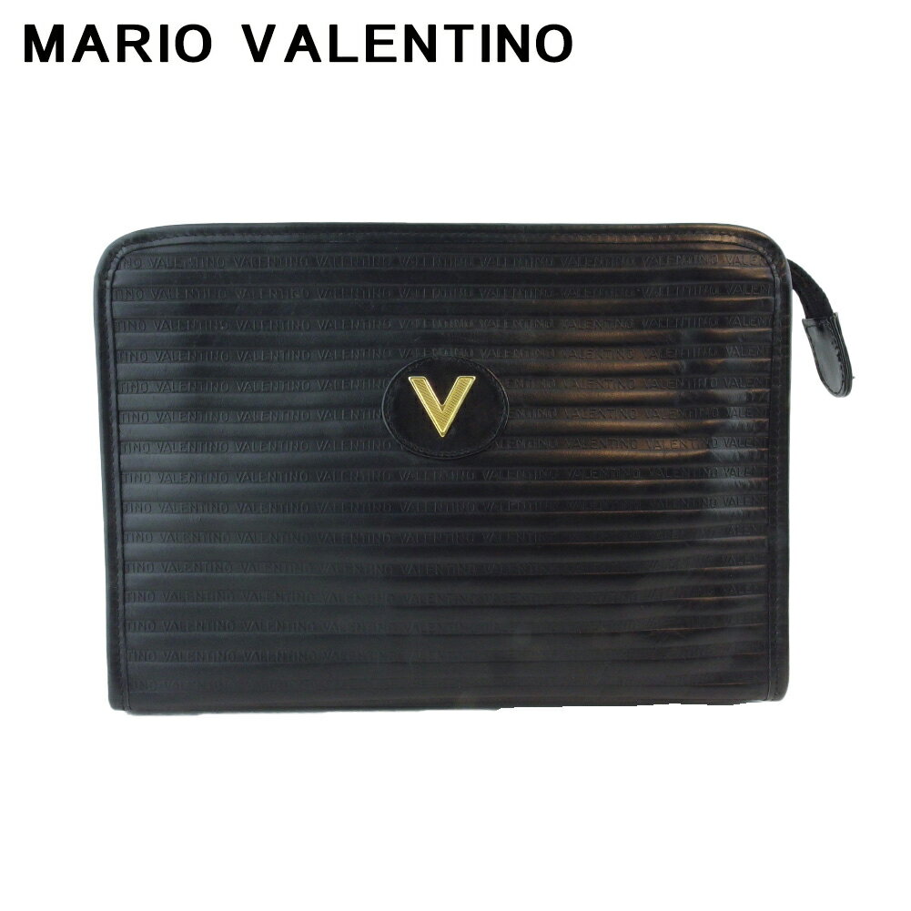 【スプリングセール30％OFF】 【中古】 マリオ ヴァレンティノ クラッチバッグ セカンドバッグ バッグ レディース メンズ Vマーク ブラック ゴールド レザー MARIO VALENTINO T20656