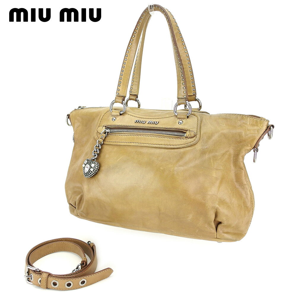 【スプリングセール30％OFF】ミュウミュウ 2WAY ショルダーバッグ トートバッグ ハートモチーフ ベージュ レザー miu miu 【ミュウミュウ】 T9692S 【中古】