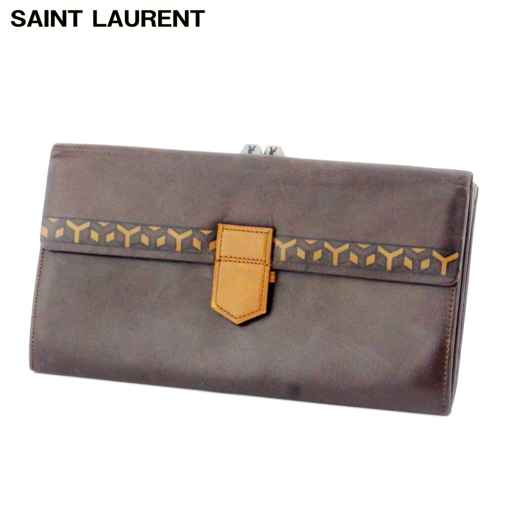 【スプリングセール】サンローラン 長財布 がま口 財布 Yマーク ブラウン ベージュ ブラック レザー SAINT LAURENT 長サイフ サイフ 収納 財布 ユニセックス 小物 【サンローラン】 T9912 【中古】