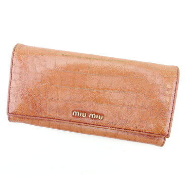 【中古】 【送料無料】 ミュウミュウ miu miu ジップ長財布 二つ折り財布 レディース クロコダイル型押し ピンク レザー 人気 T756