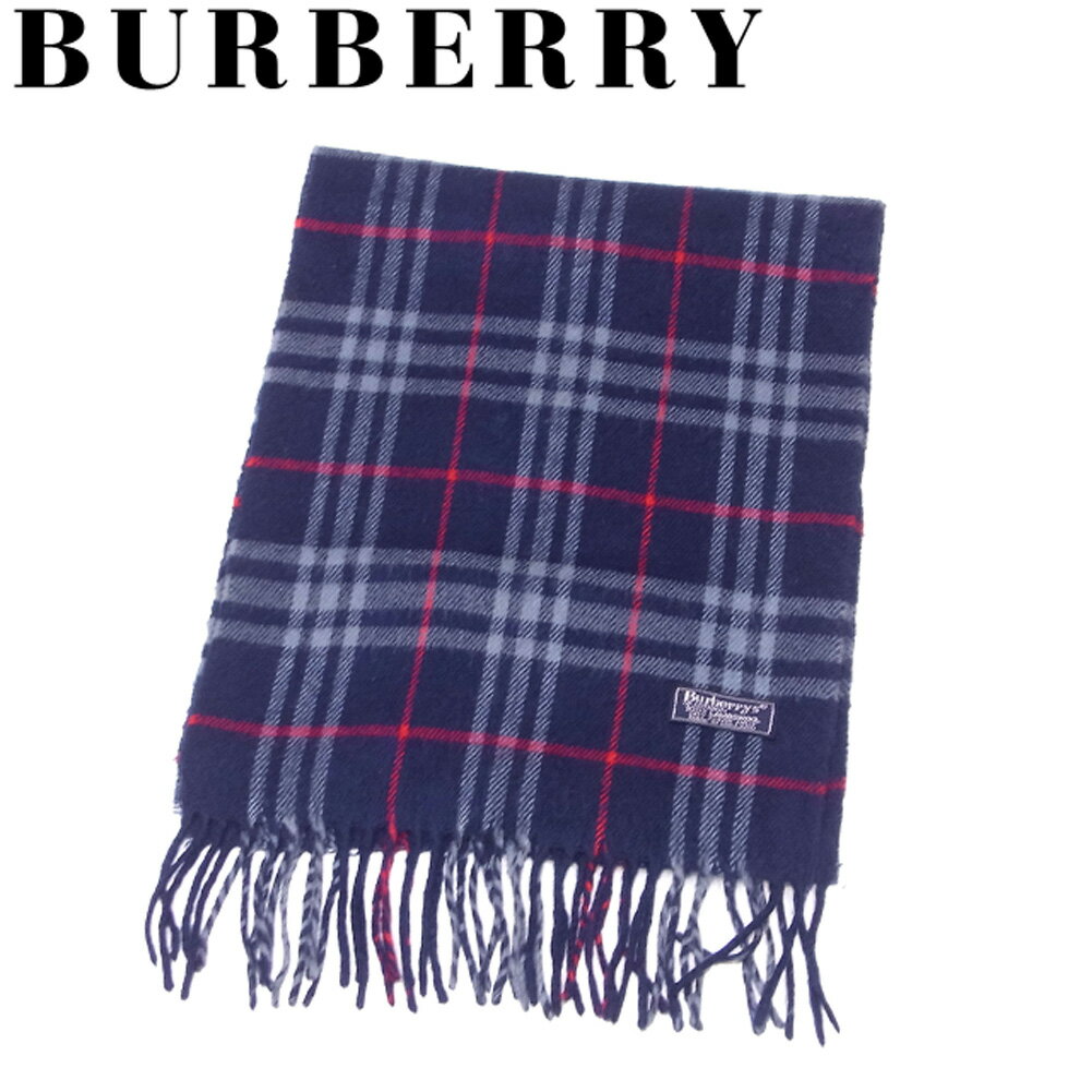 【スプリングセール】バーバリー マフラー フリンジ付き チェック ネイビー ブルー レッド ウール 毛BURBERRY レディース プレゼント 贈り物 オシャレ 大人 ファッション 【バーバリー】 G1474 【中古】