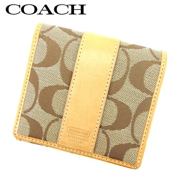 【中古】 コーチ COACH Wホック 財布 二つ折り レディース メンズ シグネチャー ストライプ ベージュ ブラウン キャンバス×レザー 人気 セール Q443 .