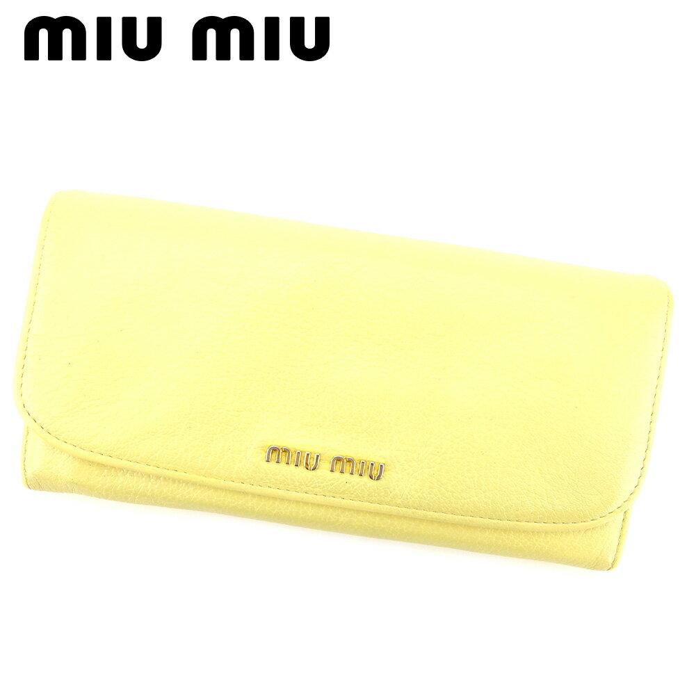 【スプリングセール30％OFF】ミュウミュウ 長財布 ファスナー付き 財布 ロゴ イエロー ゴールド レザー miu miu 長サイフ サイフ 収納 財布 ユニセックス 小物 【ミュウミュウ】 Q445 【中古】