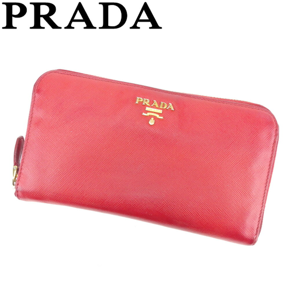 【スプリングセール30％OFF】プラダ 長財布 ラウンドファスナー 財布 ロゴ レッド ゴールド サフィアーノレザー PRADA 長サイフ サイフ 収納 財布 ユニセックス 小物 【プラダ】 T14182 【中古】