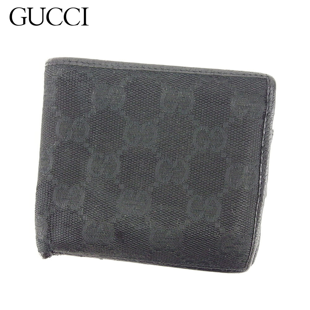 【スプリングセール30％OFF】グッチ 二つ折り 財布 GGキャンバス ブラック キャンバス×レザー GUCCI 二つ折りサイフ 財布 サイフ 収納 財布 ユニセックス 小物 【グッチ】 L2592 【中古】