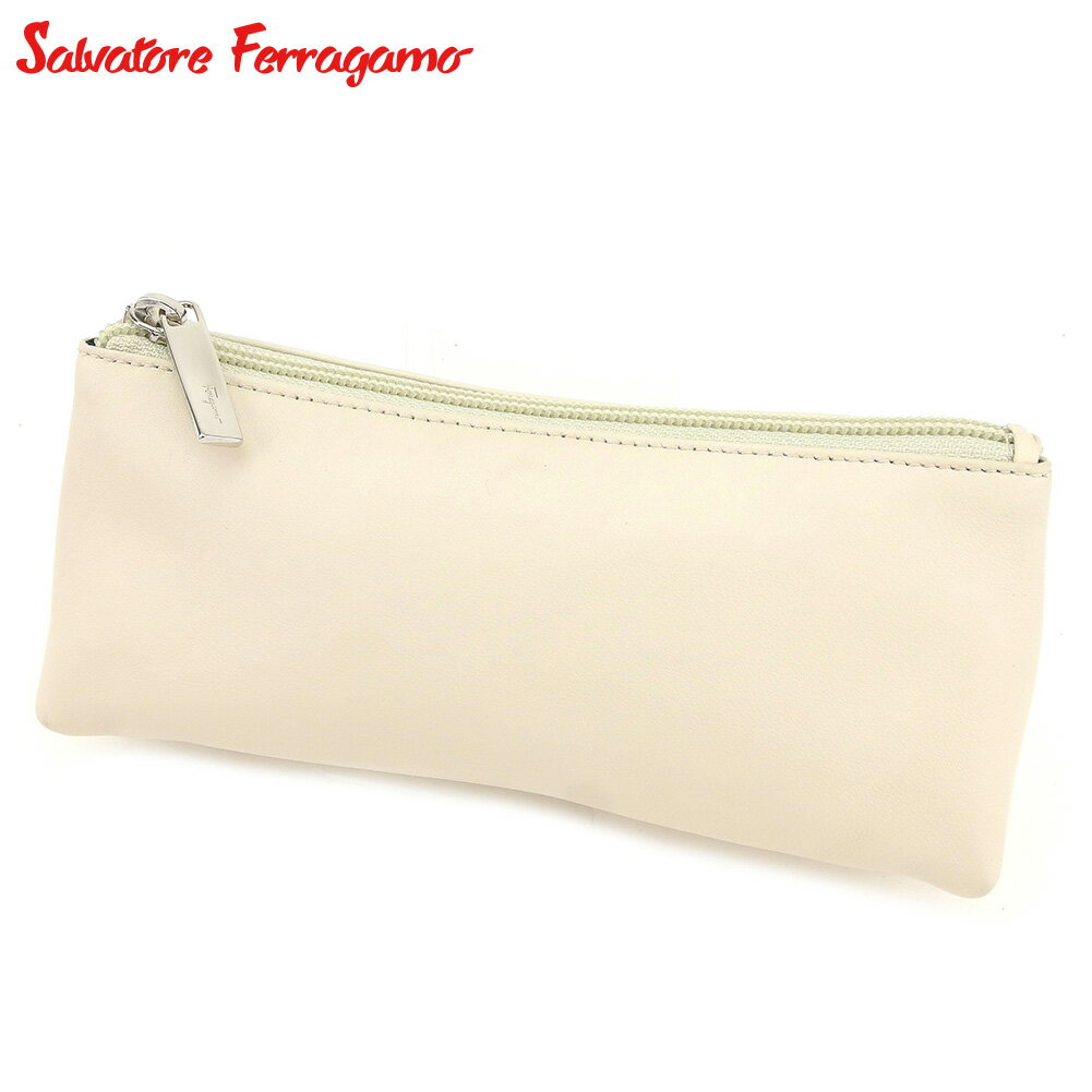 【スプリングセール30％OFF】サルヴァトーレ フェラガモ ポーチ 化粧ポーチ ペンケース ベージュ シルバー レザーSalvatore Ferragamo ..