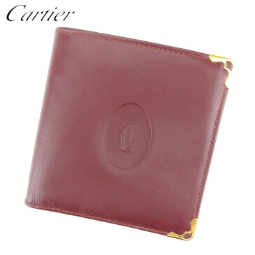 【6100円オフクーポン】 【中古】 カルティエ 二つ折り 財布 マストライン ボルドー ゴールド レザー Cartier 【カルティエ】 D1982S ★