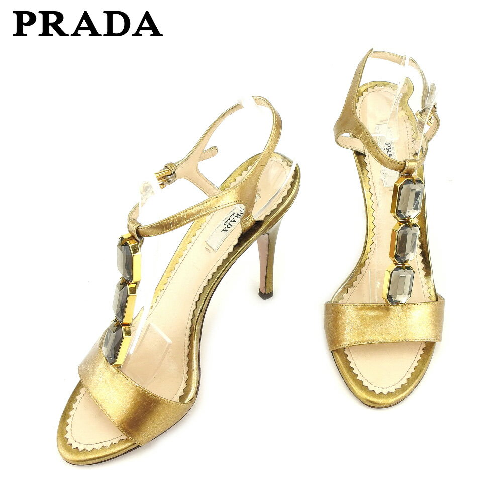 【スプリングセール30％OFF】プラダ サンダル シューズ 靴 ♯36 ラインストーン ゴールド レザー PRADA 【プラダ】 T9236S 【中古】