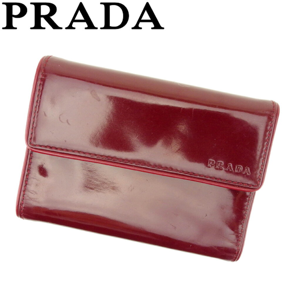 【スプリングセール30％OFF】プラダ 三つ折り 財布 ロゴ ボルドー レザー PRADA 【プラダ】 F1432S 【中古】