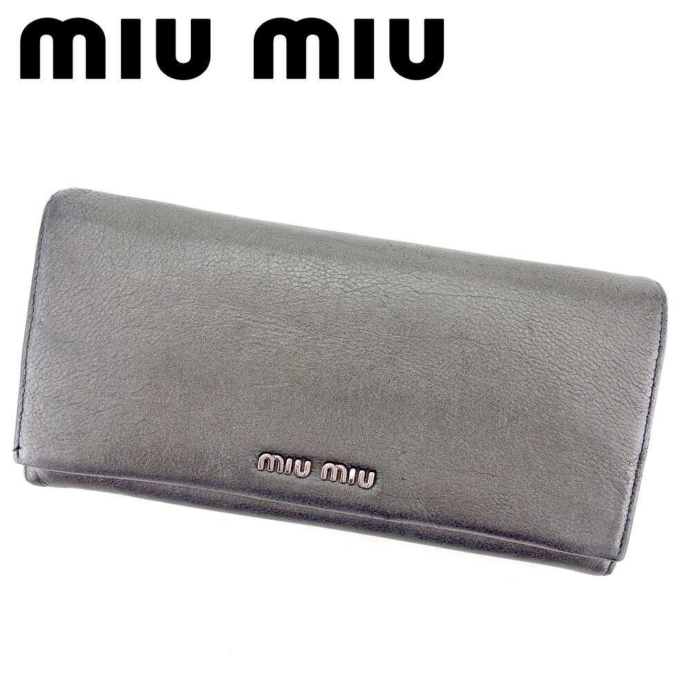 【スプリングセール30％OFF】ミュウミュウ 長財布 ファスナー付き 財布 ロゴ グレー 灰色 シルバー レザー miu miu 長サイフ サイフ 収納 財布 ユニセックス 小物 【ミュウミュウ】 T9524 【中古】 1