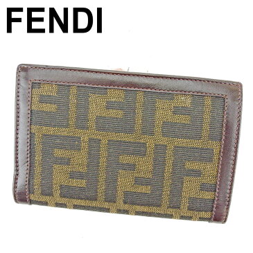 【中古】 フェンディ FENDI がま口 財布 二つ折り ブラウン ブラック ベージュ シルバー レディース メンズ ユニセックス キャンバス×レザー サイフ 小物 ブランド 人気 贈り物 迅速発送 在庫処分 男性 女性 良品 夏 1点物 P876