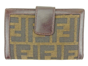 【中古】 フェンディ FENDI がま口 財布 二つ折り ブラウン ブラック ベージュ シルバー レディース メンズ ユニセックス キャンバス×レザー サイフ 小物 ブランド 人気 贈り物 迅速発送 在庫処分 男性 女性 良品 夏 1点物 P876