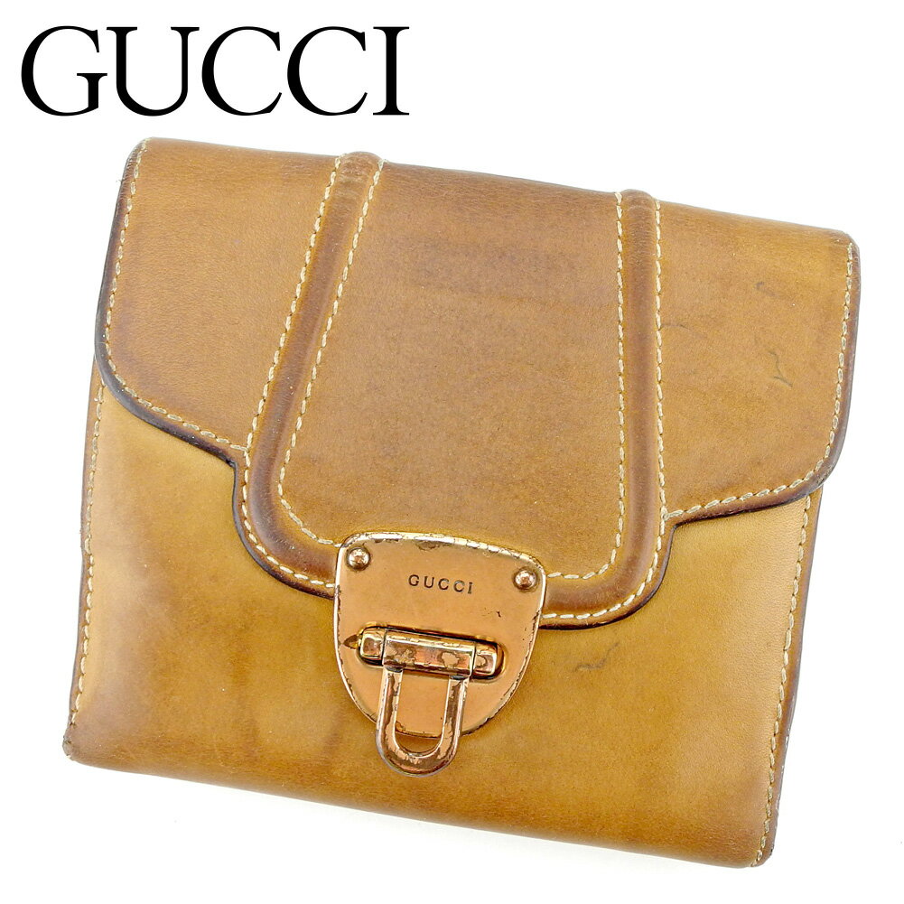 【スプリングセール30％OFF】グッチ Wホック 財布 二つ折り ロゴプレート ベージュ ブラウン系 レザー GUCCI ホックサイフ ホック財布 財布 サイフ 財布 ユニセックス 小物 【グッチ】 P886 【中古】