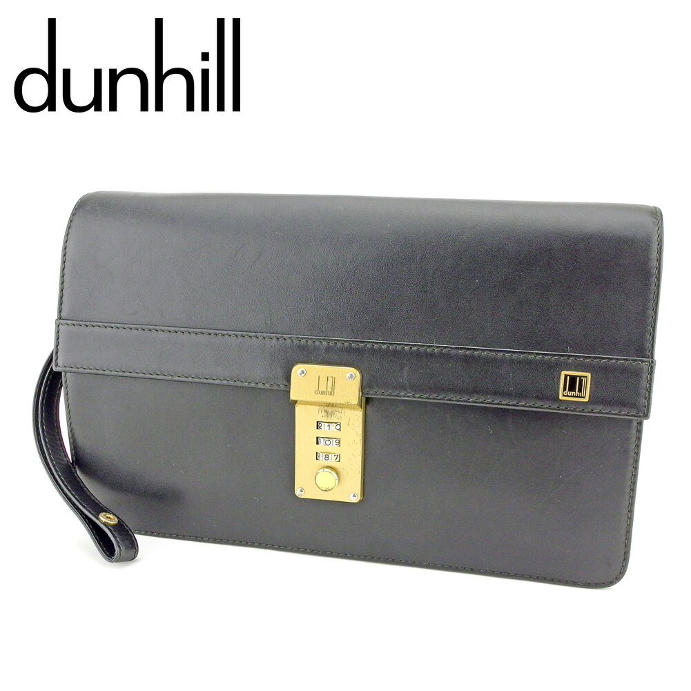 【スプリングセール30％OFF】ダンヒル クラッチバッグ セカンドバッグ ロゴプレート ブラック ゴールド レザー dunhill 【ダンヒル】 T9375S 【中古】