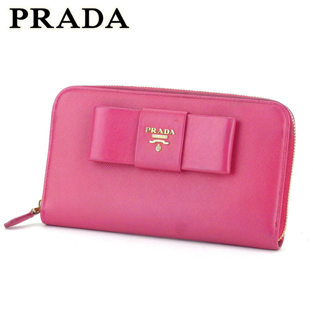 【スプリングセール30％OFF】プラダ 長財布 ラウンドファスナー 財布 リボンモチーフ ピンク ゴールド サフィアーノレザー PRADA 長サイフ サイフ 収納 財布 ユニセックス 小物 【プラダ】 T12944 【中古】