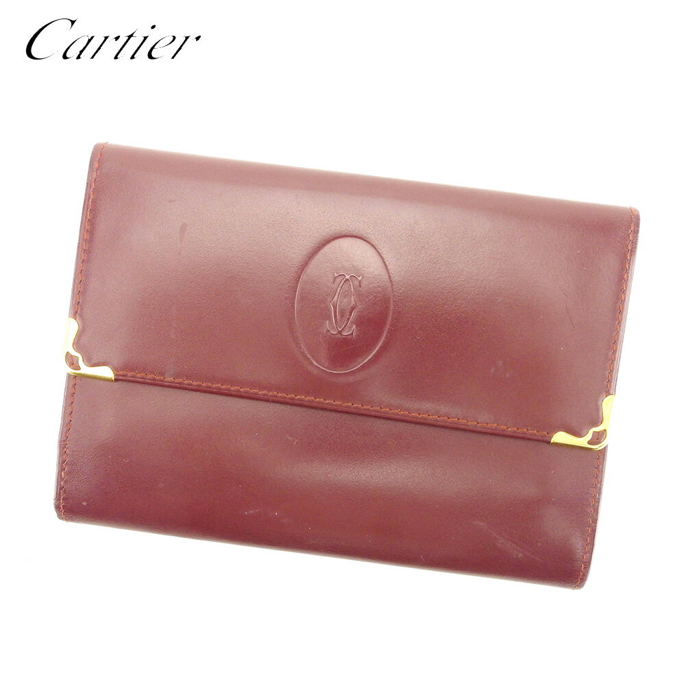 【スプリングセール30％OFF】カルティエ 三つ折り 財布 がま口 マストライン ボルドー ゴールド レザー Cartier 【カルティエ】 T9742S 【中古】