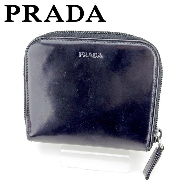 【スプリングセール30％OFF】プラダ 二つ折り 財布 ラウンドファスナー ロゴ ブラック シルバー エナメルレザー PRADA 二つ折りサイフ 財布 サイフ 収納 財布 ユニセックス 小物 【プラダ】 B1037 【中古】