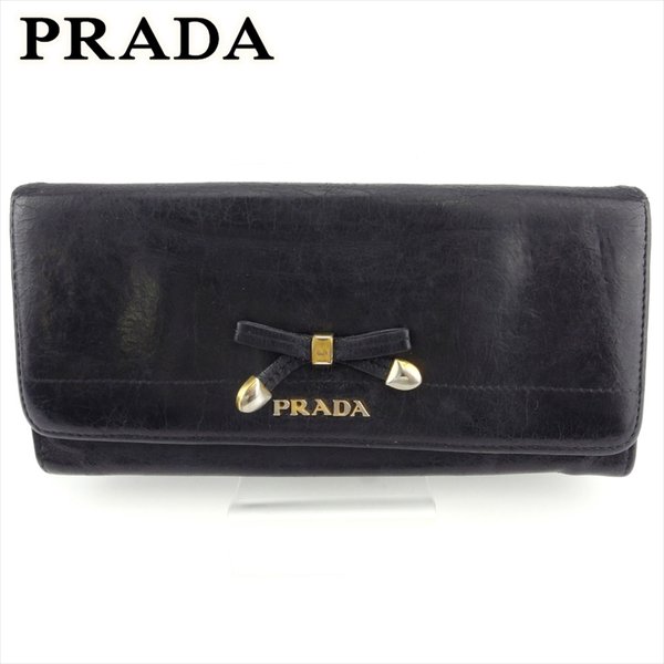 【スプリングセール30％OFF】プラダ 長財布 ファスナー付き 財布 レディース リボン ブラック ゴールド レザー PRADA 【プラダ】 H748S 【中古】