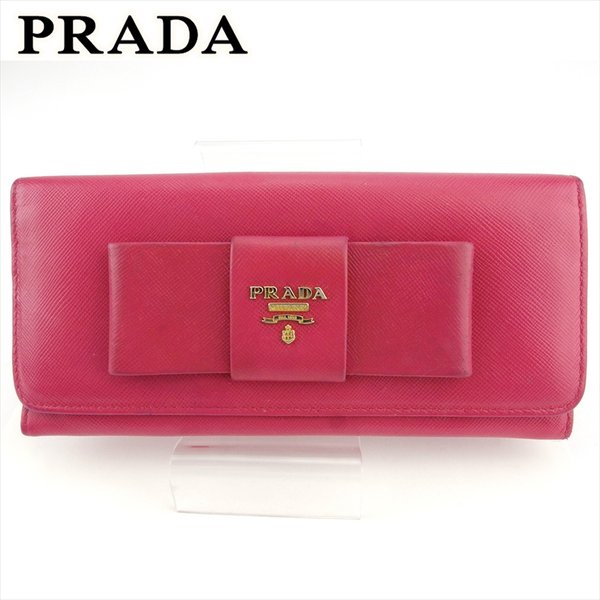 【スプリングセール30％OFF】プラダ 長財布 ファスナー付き 財布 レディース リボン ピンク ゴールド サフィアーノレザー PRADA 【プラダ】 L3148S 【中古】