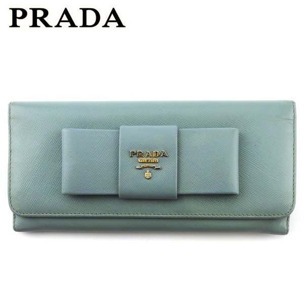 【スプリングセール30％OFF】プラダ 長財布 ファスナー付き 財布 レディース リボン ブルー ゴールド サフィアーノレザー PRADA 【プラダ】 D2276S 【中古】