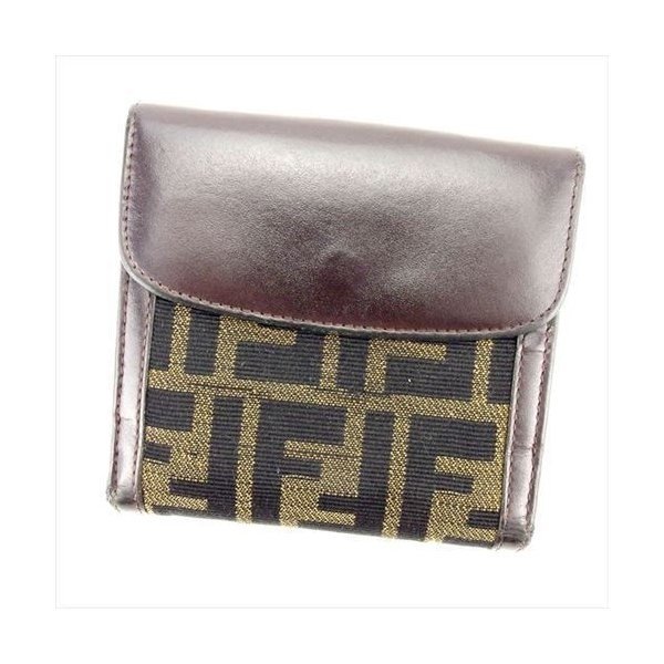 【スプリングセール30％OFF】フェンディ Wホック 財布 二つ折り 財布 ズッカ ブラック ベージュ キャンバス×レザー FENDI 【フェンディ】 T6153S 【中古】