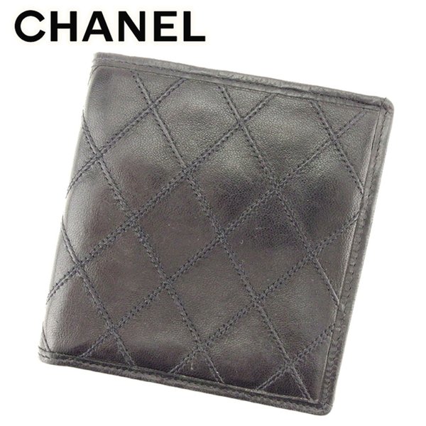 【スプリングセール30％OFF】シャネル 二つ折り 財布 ダブルステッチ ブラック レザー CHANEL 【シャネル】 T8755S 【中古】