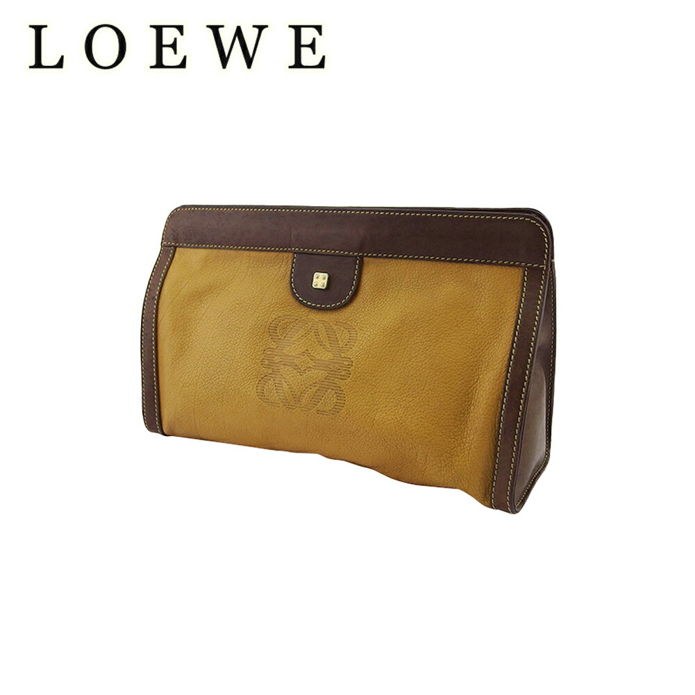 【中古】 ロエベ クラッチバッグ セカンド バッグ レディース メンズ アナグラム ベージュ ブラウン ゴールド レザー LOEWE I647