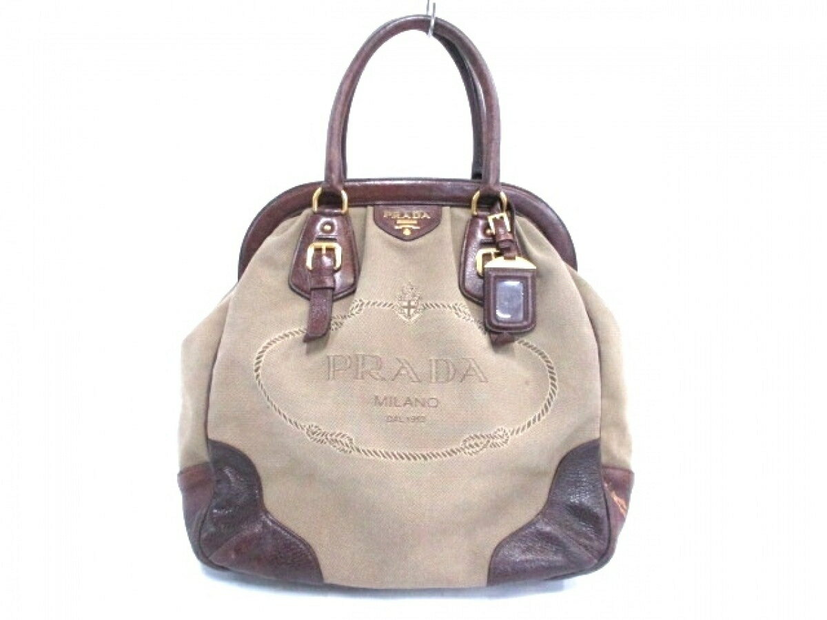 PRADA(プラダ) ハンドバッグ ロゴジャガード ベージュ×ダークブラウン 革タグ ジャガード×レザー【20200406】【中古】【dfn】