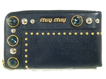 【新着】miumiu(ミュウミュウ) 携帯電話ケース美品■ - ダークネイビー iPhoneケース/L字ファスナー/ビジュー レザー【20200604】【中古】