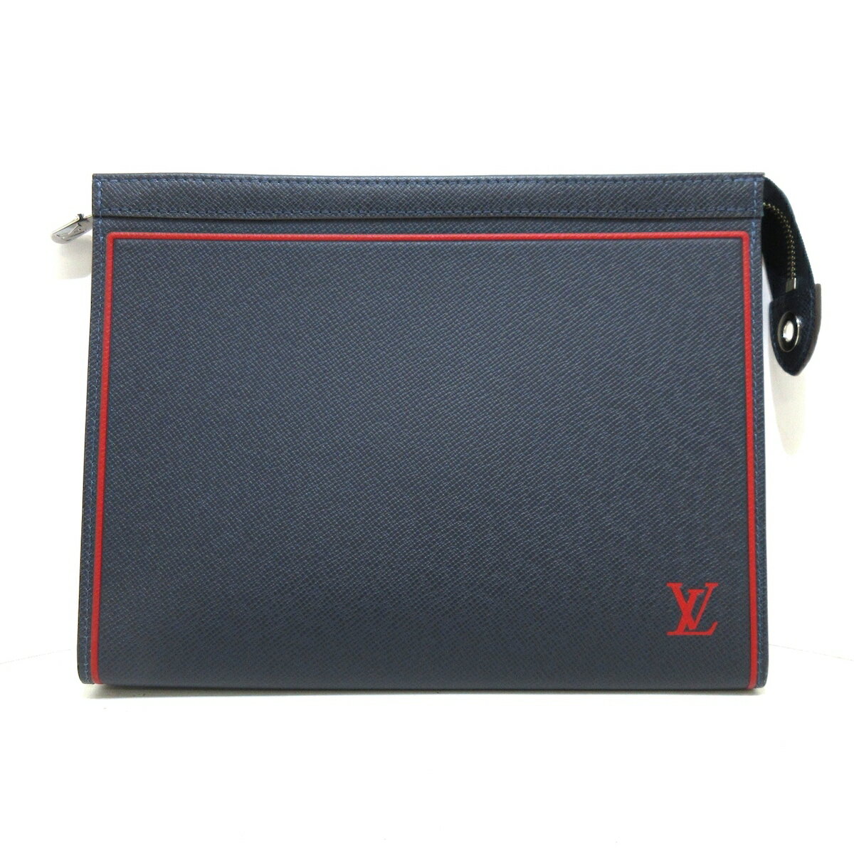 【中古】LOUIS VUITTON(ルイヴィトン) ポシェットヴォワヤージュMM クラッチバッグ ネイビー×レッド タイガ・レザー（皮革の種類：牛革）