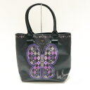 【中古】ANNA SUI(アナスイ) トートバッグ 蝶/KLAUS HAAPANIEMI 黒×パープル×マルチ コーティングキャンバス×レザー