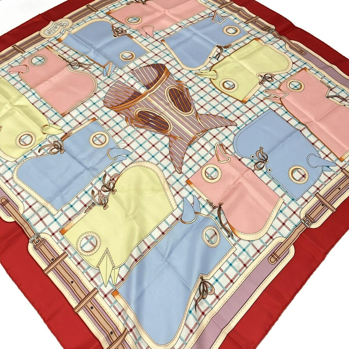 【中古】HERMES(エルメス) カレ90 スカーフ Camails/カマイユ/馬具 アイボリー×レッド×ライトブルー シ..