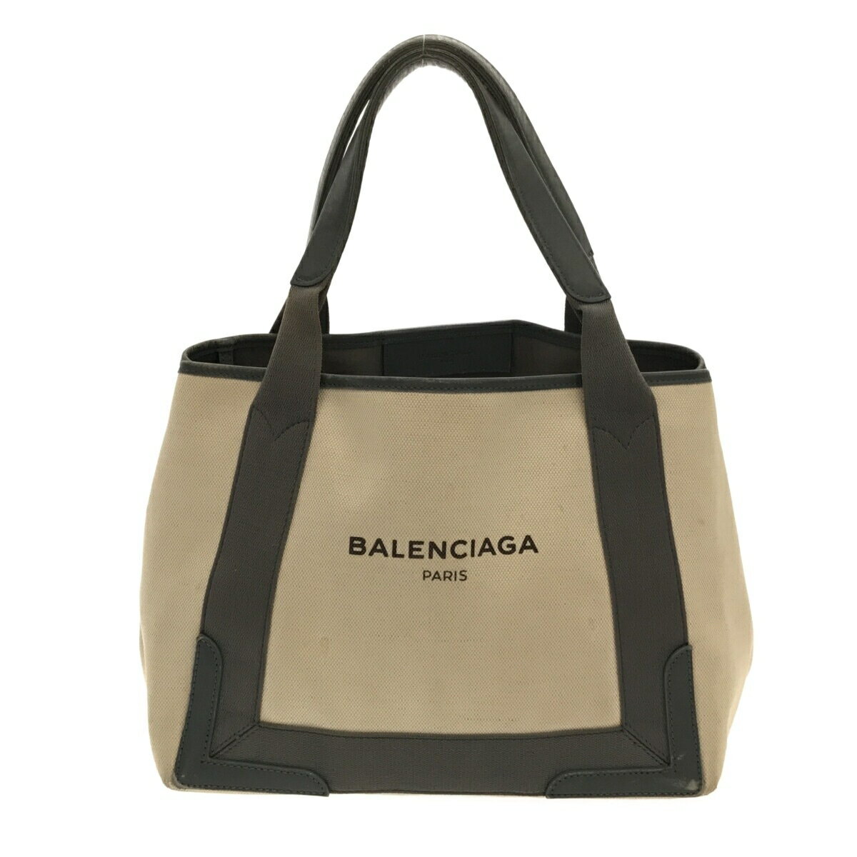 【中古】BALENCIAGA(バレンシアガ) ネイビーカバS トートバッグ ベージュ×グレー キャンバス×レザー