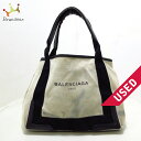 【中古】BALENCIAGA(バレンシアガ) ネイビーカバS トートバッグ アイボリー×黒 キャンバス×レザー