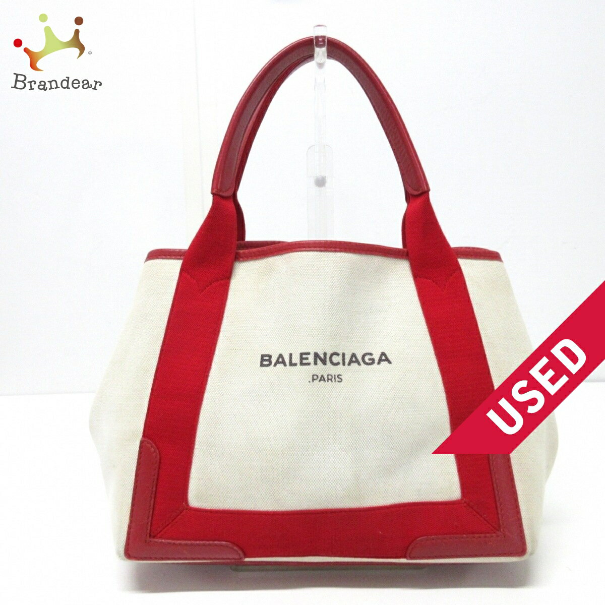 【中古】BALENCIAGA(バレンシアガ) ネイビーカバS トートバッグ アイボリー×レッド キャンバス×レザー