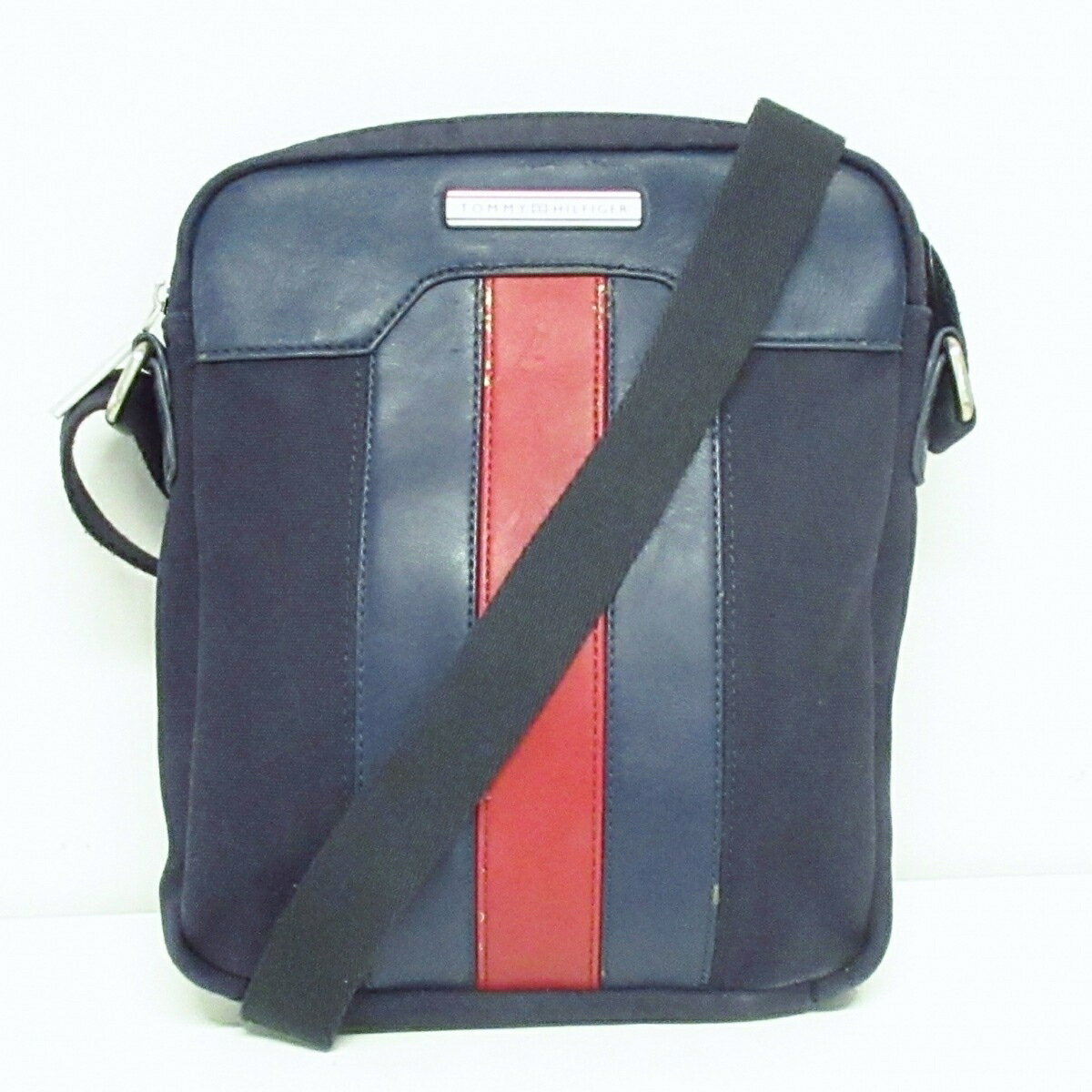 【新着】【中古】TOMMY HILFIGER(トミーヒルフィガー) ショルダーバッグ ネイビー×レッド キャンバス×レザー