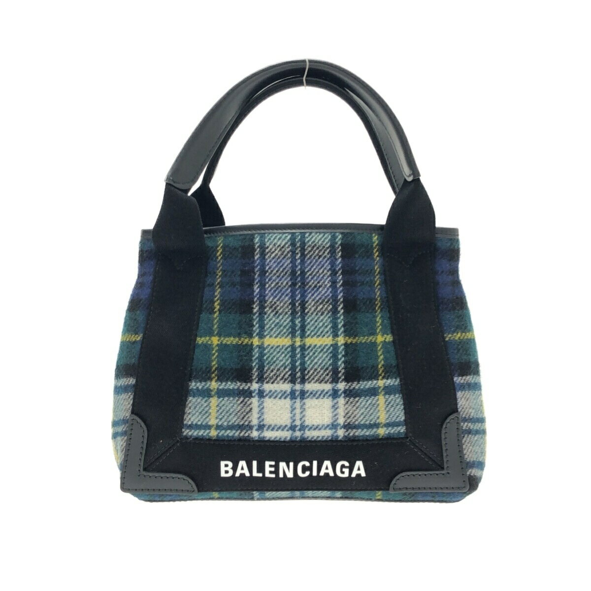 【新着】【中古】BALENCIAGA(バレンシアガ) ネイビーカバ トートバッグ チェック柄 ダークグリーン×ネイビー×マルチ ウール×レザー